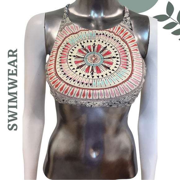🛍️3/$40 Reversible High-Neck Bikini Top– Boho Mandala & Stripe Print Size Medium - Picture 2 of 5